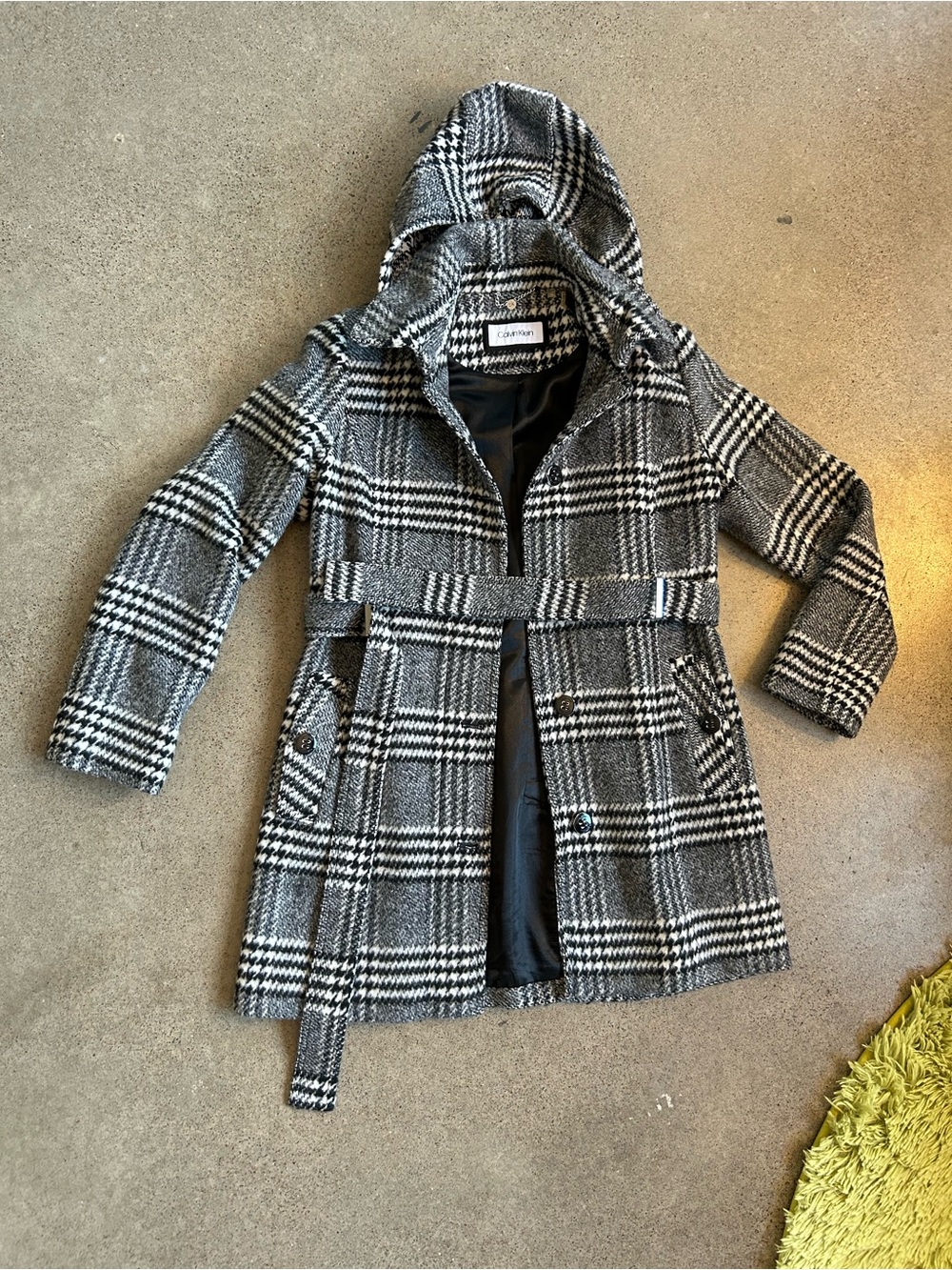 Calvin Klein Black & White Plaid Hooded Wool-Blend Pea Coat